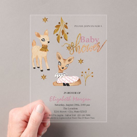 Watercolor Baby Deer Pink Baby Shower アクリル招待状 (インサイチュ (ポータブル))