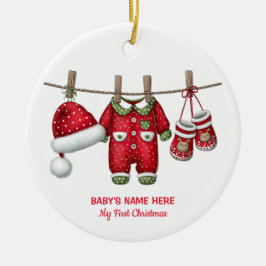 Watercolor Baby First Christmas Photo セラミックオーナメント