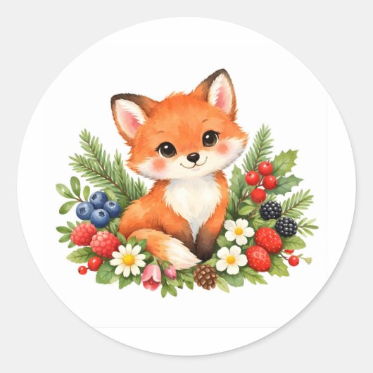 Watercolor Baby Fox with Berries and Flowers  ラウンドシール (正面)