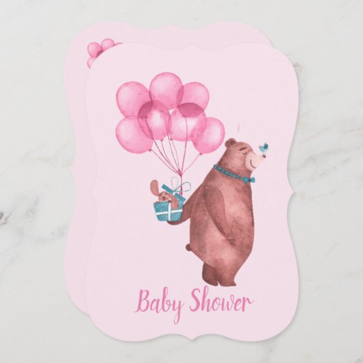 Watercolor Baby Girl Bear Balloons Invitation 招待状 (正面/裏面)