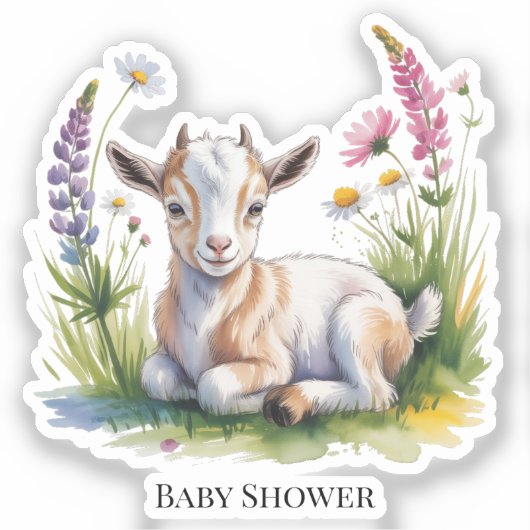 Watercolor Baby Goat with Wildflowers Baby Shower シール (正面)