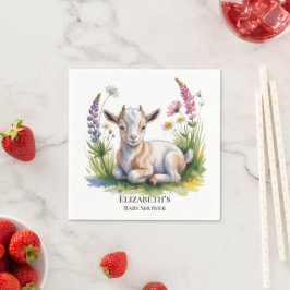 Watercolor Baby Goat with Wildflowers Baby Shower スタンダードカクテルナプキン