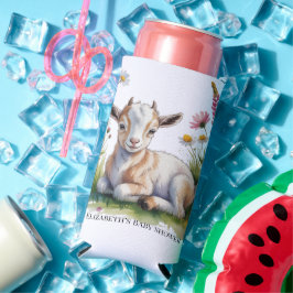Watercolor Baby Goat with Wildflowers Baby Shower スリム缶クーラー