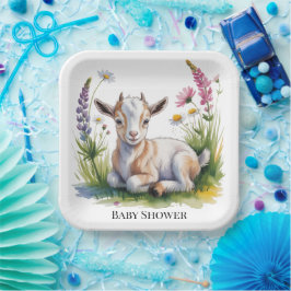 Watercolor Baby Goat with Wildflowers Baby Shower ペーパープレート