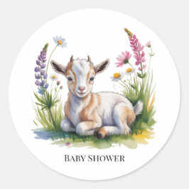 Watercolor Baby Goat with Wildflowers Baby Shower  ラウンドシール