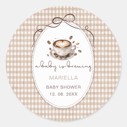     Watercolor baby is brewing coffee baby shower ラウンドシール (正面)