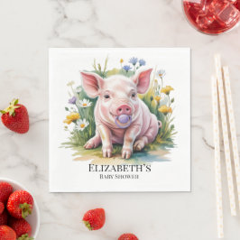 Watercolor Baby Pig Wildflowers Baby Shower スタンダードランチョンナプキン