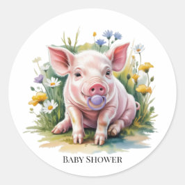 Watercolor Baby Pig Wildflowers Baby Shower ラウンドシール