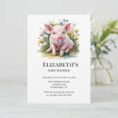 Watercolor Baby Pig Wildflowers Baby Shower 招待状 (スタンド正面)