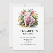 Watercolor Baby Pig Wildflowers Baby Shower 招待状 (正面)