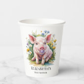 Watercolor Baby Pig Wildflowers Baby Shower 紙コップ (正面)