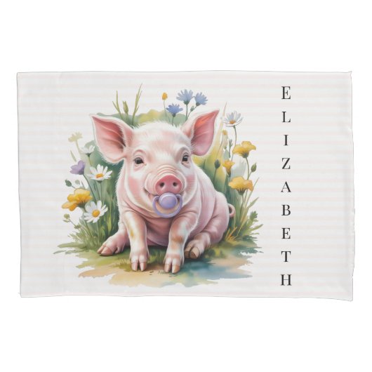 Watercolor Baby Pig Wildflowers Baby Shower Gift 枕カバー (正面)