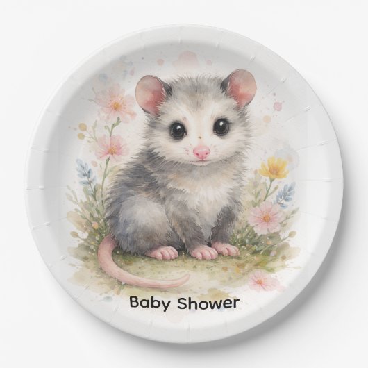 Watercolor Baby Possum Baby Shower ペーパープレート (正面)