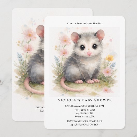 Watercolor Baby Possum Baby Shower  招待状 (正面/裏面)
