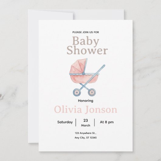 Watercolor Baby Shower Invitation, 招待状 (正面)