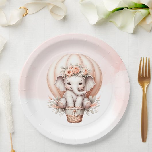 Watercolor Baby Shower Peach Elephant ペーパープレート