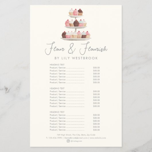 Watercolor Bakery Cupcake Elegant Service Menu チラシ (正面)