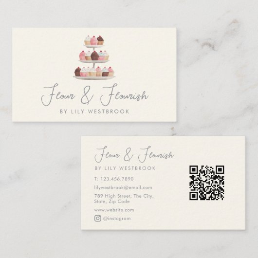 Watercolor Bakery Cupcakes Treats Script QR Code 名刺 (正面/裏面)
