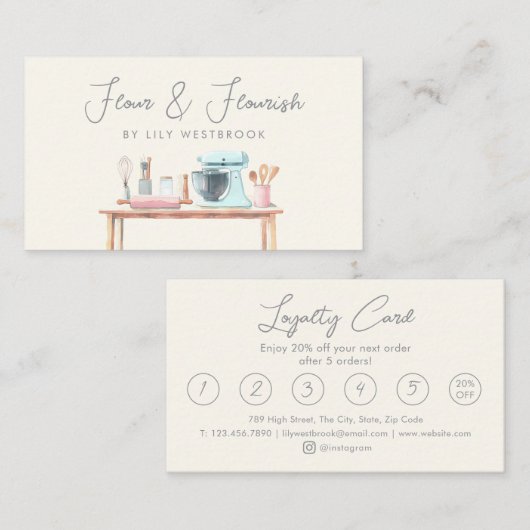 Watercolor Bakery Pastry Chef Elegant Script  ロイヤリティカード (正面/裏面)