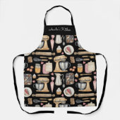 Watercolor Baking Tools Pattern Black エプロン (正面)