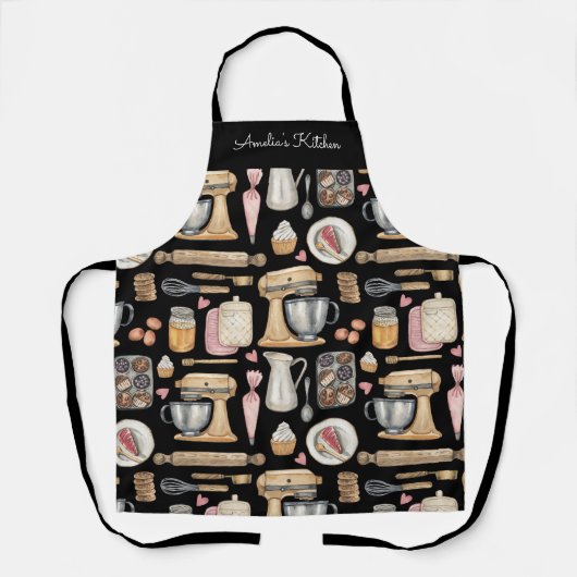 Watercolor Baking Tools Pattern Black エプロン (正面)