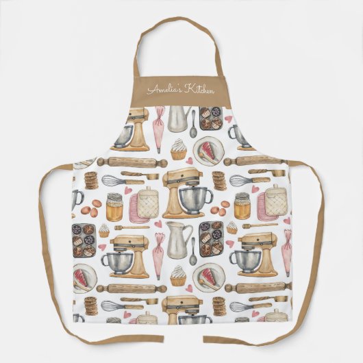 Watercolor Baking Tools Pattern White Brown エプロン (正面)