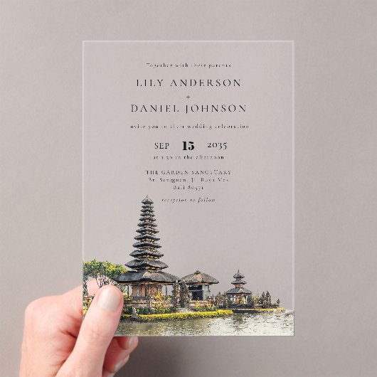 Watercolor Bali Temple Destination Wedding アクリル招待状 (インサイチュ (ポータブル))