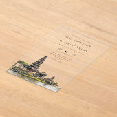 Watercolor Bali Temple Destination Wedding アクリル招待状 (レイダウン)