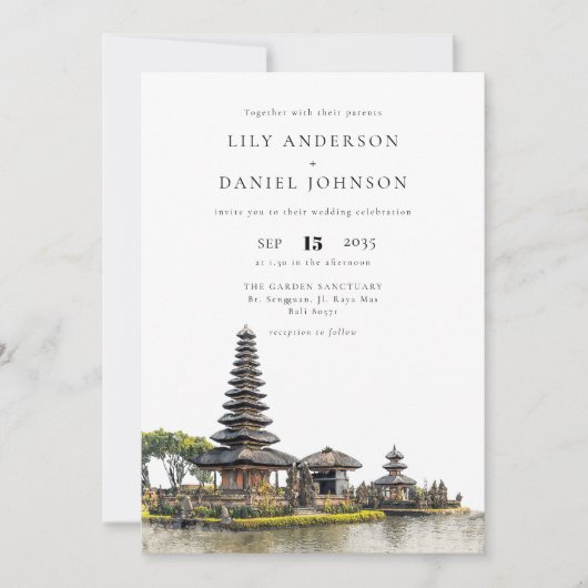 Watercolor Bali Temple QR Code Wedding 招待状 (正面)