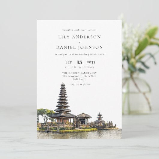 Watercolor Bali Temple QR Code Wedding 招待状 (スタンド正面)