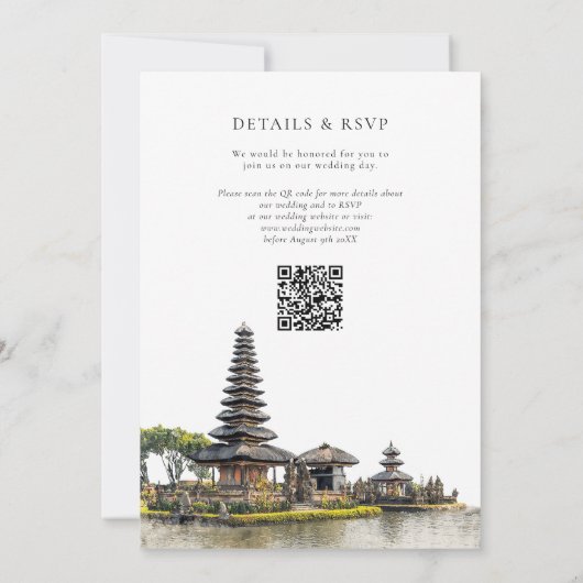 Watercolor Bali Temple QR Code Wedding 招待状 (裏面)