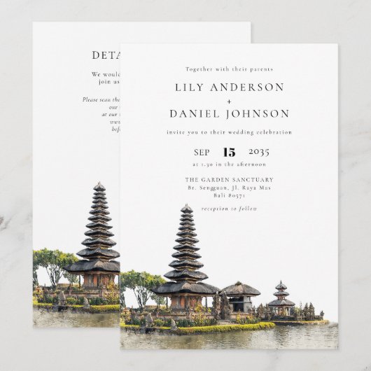 Watercolor Bali Temple QR Code Wedding 招待状 (正面/裏面)