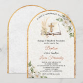 Watercolor Baptism Greenery Gender Neutral 招待状 (正面/裏面)