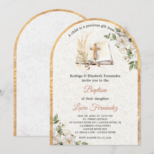 Watercolor Baptism Greenery Gender Neutral 招待状 (正面/裏面)