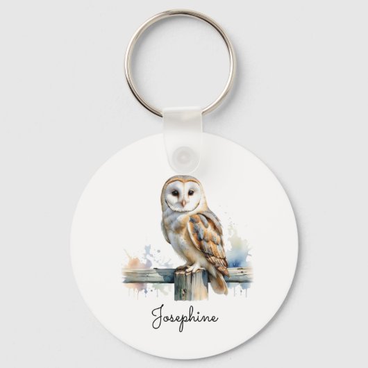 Watercolor Barn Owl Elegant Personalized Name キーホルダー (正面)