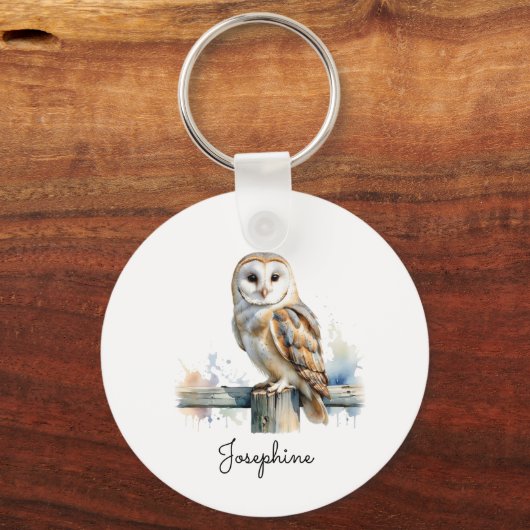 Watercolor Barn Owl Elegant Personalized Name キーホルダー (正面)