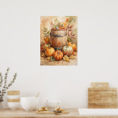 Watercolor Barrel with Pumpkins Fall ポスター (キッチン)