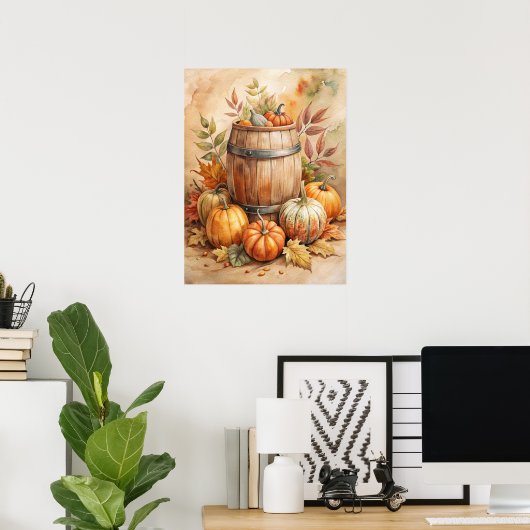 Watercolor Barrel with Pumpkins Fall ポスター (ホームオフィス)