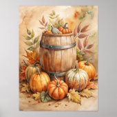 Watercolor Barrel with Pumpkins Fall ポスター (正面)
