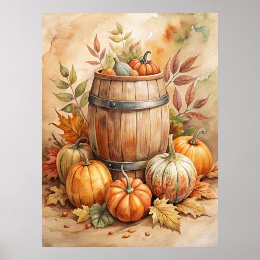 Watercolor Barrel with Pumpkins Fall ポスター (正面)