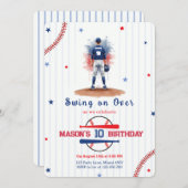 Watercolor Baseball Player Boy 10th Birthday 招待状 (正面/裏面)
