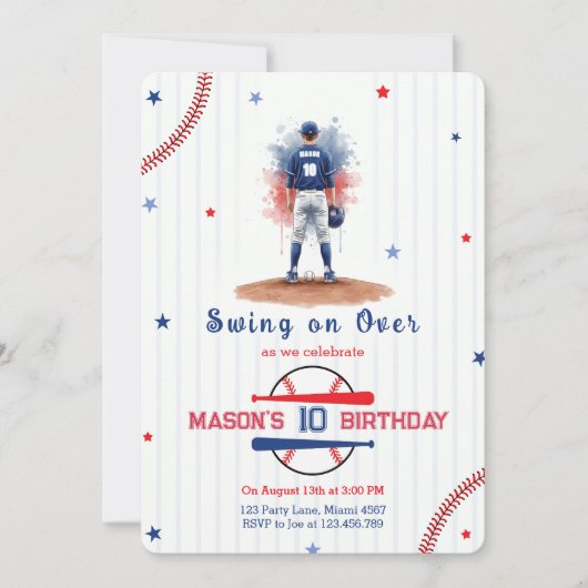Watercolor Baseball Player Boy 10th Birthday 招待状 (正面)