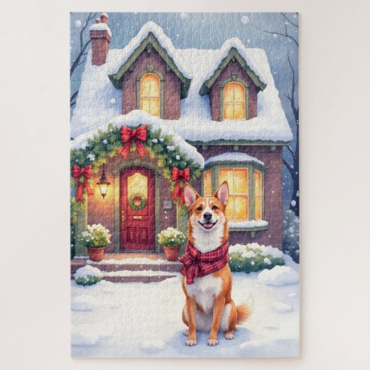 Watercolor Basenji Townhouse Christmas Holiday ジグソーパズル (縦)