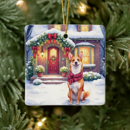 Watercolor Basenji Townhouse Christmas Holiday セラミックオーナメント (ツリー)
