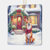 Watercolor Basenji Townhouse Christmas Holiday セラミックオーナメント (左)