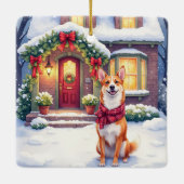 Watercolor Basenji Townhouse Christmas Holiday セラミックオーナメント (裏面)