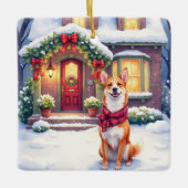 Watercolor Basenji Townhouse Christmas Holiday セラミックオーナメント (正面)
