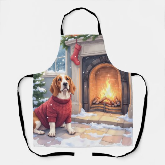 Watercolor Basset Hound Cozy Fireplace Christmas エプロン (正面)