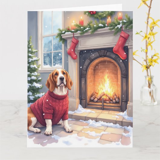 Watercolor Basset Hound Cozy Fireplace Christmas カード (黄色い花)