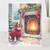 Watercolor Basset Hound Cozy Fireplace Christmas カード (正面)